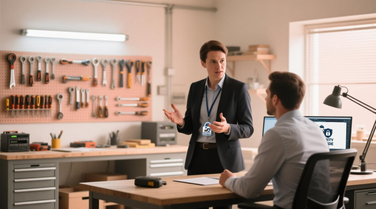 Zwei Personen im Gespräch in einer modernen Werkstatt – Symbol für praxisnahe IT-Sicherheitsberatung im Handwerk