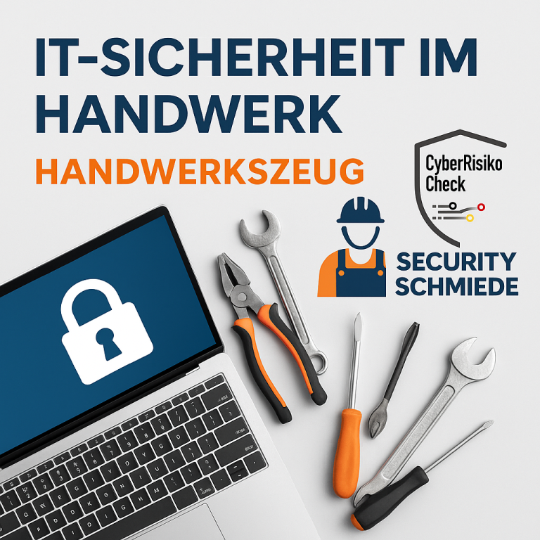 Laptop mit Schloss-Symbol und Handwerkswerkzeugen – Symbolbild für IT-Sicherheit im Handwerk